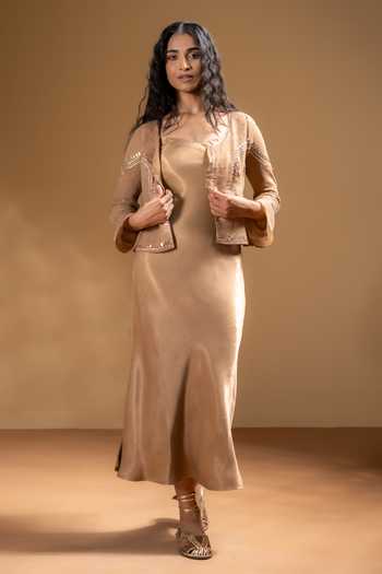 Baise Gaba_Beige Satin, Chiffon Mirrors, Gota Patti Tamanna Dress And Work Jacket Set _Online_at_Aza_Fashions