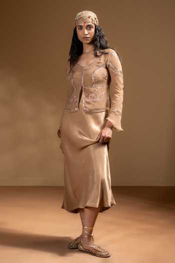 Buy_Baise Gaba_Beige Satin, Chiffon Mirrors, Gota Patti Tamanna Dress And Work Jacket Set _Online_at_Aza_Fashions