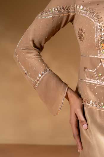 Baise Gaba_Beige Satin, Chiffon Mirrors, Gota Patti Tamanna Dress And Work Jacket Set _at_Aza_Fashions
