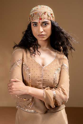 Buy_Baise Gaba_Beige Satin, Chiffon Mirrors, Gota Patti Tamanna Dress And Work Jacket Set 
