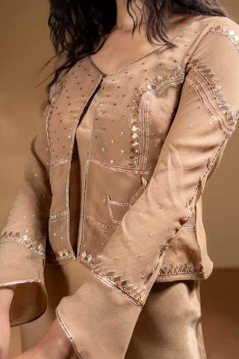 Shop_Baise Gaba_Beige Satin, Chiffon Mirrors, Gota Patti Tamanna Dress And Work Jacket Set 