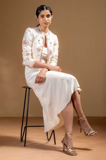 Baise Gaba_Off White Satin, Muslin Gota Patti Zarina Dress With Work Chandra Jacket _Online_at_Aza_Fashions