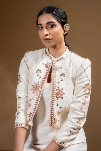 Buy_Baise Gaba_Off White Satin, Muslin Gota Patti Zarina Dress With Work Chandra Jacket _Online_at_Aza_Fashions