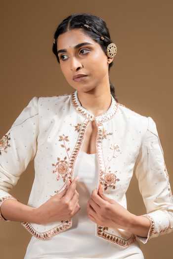 Shop_Baise Gaba_Off White Satin, Muslin Gota Patti Zarina Dress With Work Chandra Jacket _Online_at_Aza_Fashions