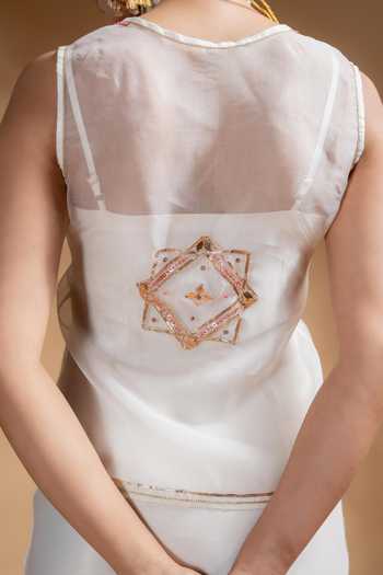 Baise Gaba_Off White Satin, Organza Gota Patti V-neck, Open Zarina Dress With Work Jacket _Online_at_Aza_Fashions