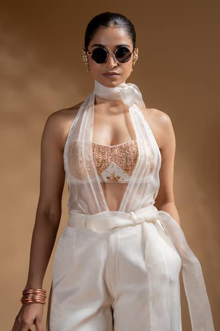 Baise Gaba_Off White Satin, Organza Gota Patti, Sequins Keshini Work Bralette And Pant Set _Online_at_Aza_Fashions