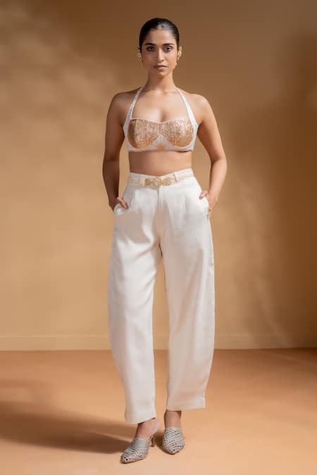 Shop_Baise Gaba_Off White Satin, Organza Gota Patti, Sequins Keshini Work Bralette And Pant Set _Online_at_Aza_Fashions