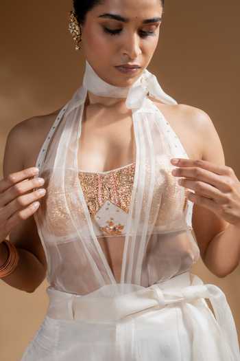 Baise Gaba_Off White Satin, Organza Gota Patti, Sequins Keshini Work Bralette And Pant Set _at_Aza_Fashions