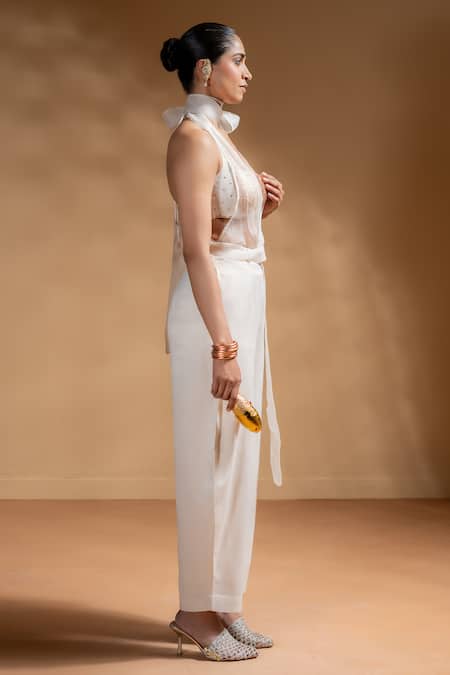 Buy_Baise Gaba_Off White Satin, Organza Gota Patti, Sequins Keshini Work Bralette And Pant Set 