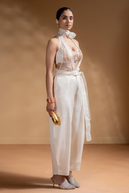 Shop_Baise Gaba_Off White Satin, Organza Gota Patti, Sequins Keshini Work Bralette And Pant Set 