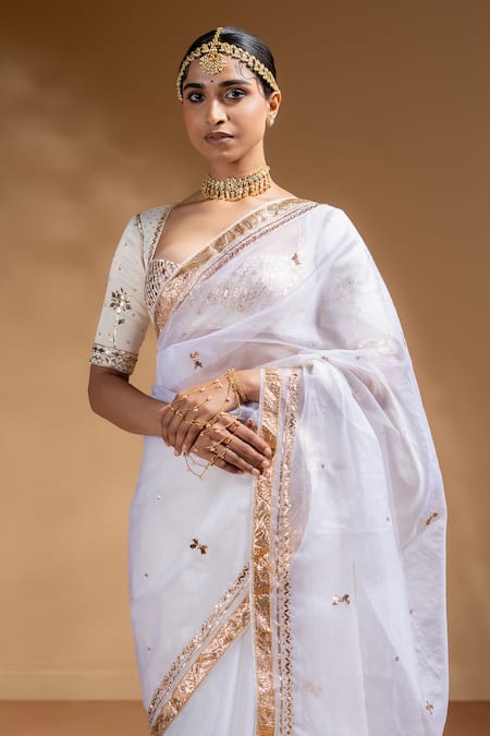 Baise Gaba_Off White Organza, Muslin Gota Patti Mridula Embroidered Saree With Blouse _Online_at_Aza_Fashions