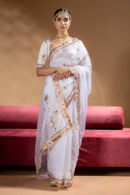Buy_Baise Gaba_Off White Organza, Muslin Gota Patti Mridula Embroidered Saree With Blouse 