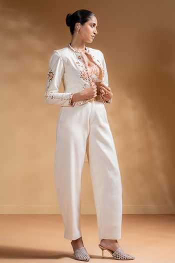 Shop_BAISE GABA_Off White Muslin Gota Patti Round Neck Chandra Embroidered Jacket 