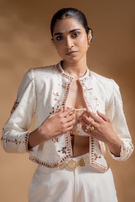 Baise Gaba_Off White Satin, Muslin Gota Patti Chandra Work Jacket And Pant Set _Online_at_Aza_Fashions