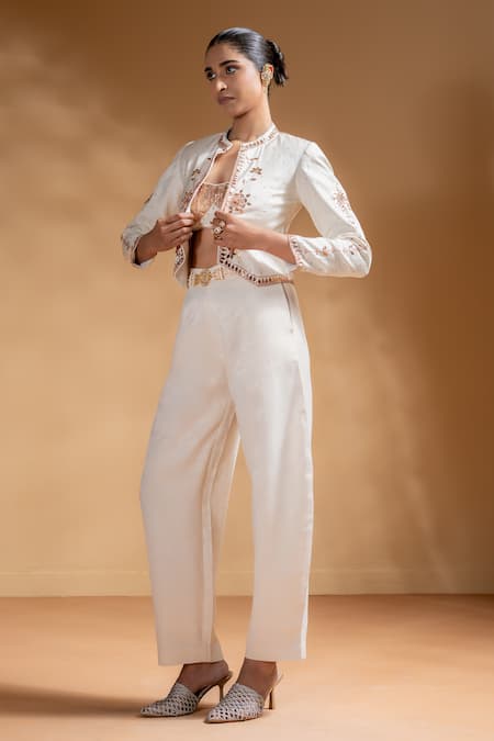 Shop_Baise Gaba_Off White Satin, Muslin Gota Patti Chandra Work Jacket And Pant Set _Online_at_Aza_Fashions