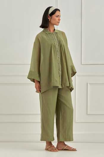 Cupid Cotton_Green Chanderi Embroidery, Smocking Elva Smocked Shirt And Pant Co-ord Set _Online_at_Aza_Fashions