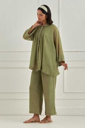 Buy_Cupid Cotton_Green Chanderi Embroidery, Smocking Elva Smocked Shirt And Pant Co-ord Set _Online_at_Aza_Fashions