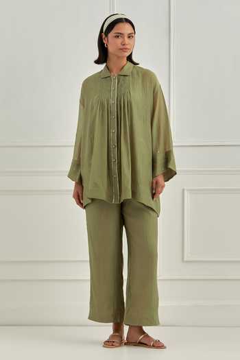 Shop_Cupid Cotton_Green Chanderi Embroidery, Smocking Elva Smocked Shirt And Pant Co-ord Set _Online_at_Aza_Fashions