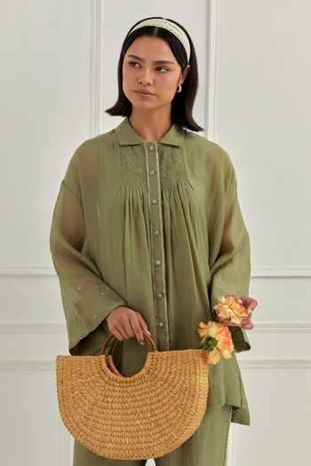 Buy_Cupid Cotton_Green Chanderi Embroidery, Smocking Elva Smocked Shirt And Pant Co-ord Set 