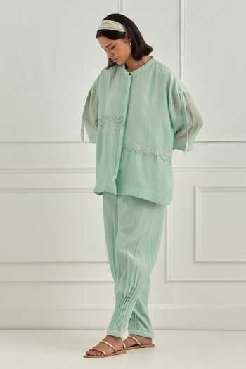 Cupid Cotton_Aqua Chanderi Embroidery Round Neck Pitta Work Mul Top And Pant Set _Online_at_Aza_Fashions