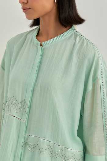 Buy_Cupid Cotton_Aqua Chanderi Embroidery Round Neck Pitta Work Mul Top And Pant Set _Online_at_Aza_Fashions
