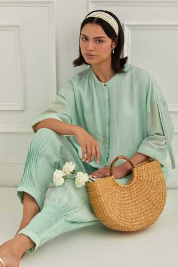 Cupid Cotton_Aqua Chanderi Embroidery Round Neck Pitta Work Mul Top And Pant Set _at_Aza_Fashions