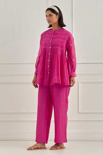 Cupid Cotton_Pink Chanderi Embroidery Mandarin Collar Rue Pleated Shirt And Pant Set _Online_at_Aza_Fashions