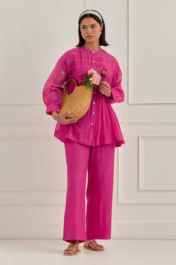 Buy_Cupid Cotton_Pink Chanderi Embroidery Mandarin Collar Rue Pleated Shirt And Pant Set _Online_at_Aza_Fashions