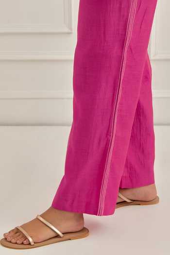 Shop_Cupid Cotton_Pink Chanderi Embroidery Mandarin Collar Rue Pleated Shirt And Pant Set _Online_at_Aza_Fashions