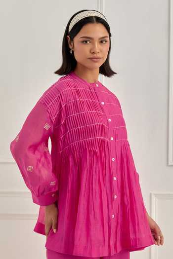 Cupid Cotton_Pink Chanderi Embroidery Mandarin Collar Rue Pleated Shirt And Pant Set _at_Aza_Fashions