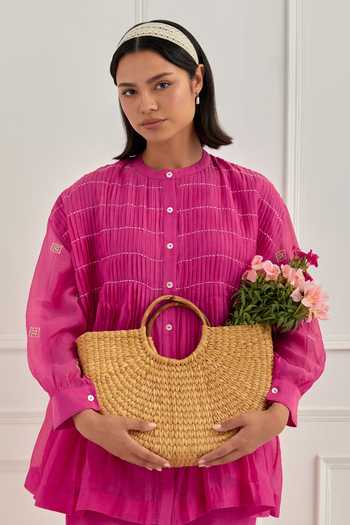 Buy_Cupid Cotton_Pink Chanderi Embroidery Mandarin Collar Rue Pleated Shirt And Pant Set 