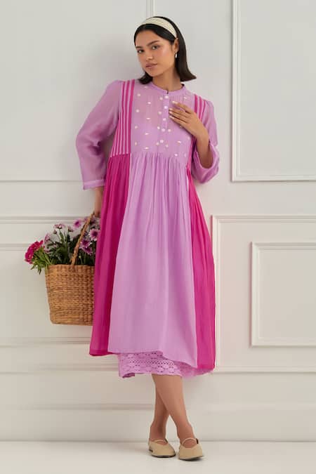 Cupid Cotton Plume Color Block Pleated Dress 