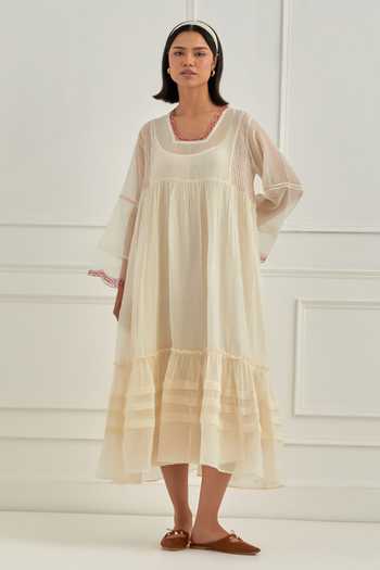 Cupid Cotton_Ivory Chanderi , , , Chanderi, Anoa Pleated Dress _Online_at_Aza_Fashions