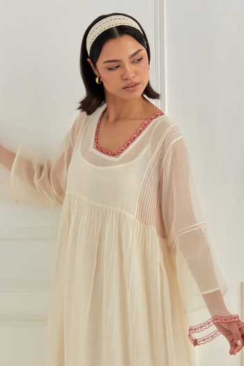 Buy_Cupid Cotton_Ivory Chanderi , , , Chanderi, Anoa Pleated Dress _Online_at_Aza_Fashions