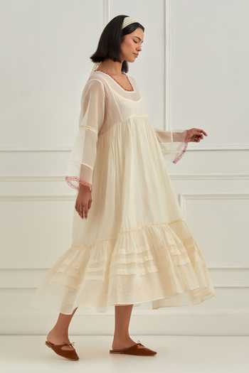 Cupid Cotton_Ivory Chanderi , , , Chanderi, Anoa Pleated Dress _at_Aza_Fashions