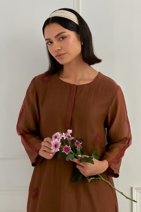 Shop_Cupid Cotton_Brown Chanderi Silk Sequins Mirelle Kurta And Harem Pant Set 