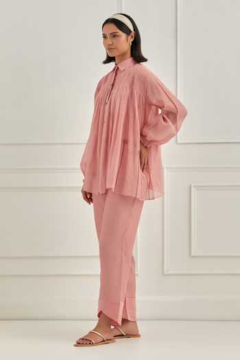 Cupid Cotton_Pink Organza, Chanderi Silk Zardozi, Nuve Smocked Shirt And Pant Co-ord Set _Online_at_Aza_Fashions