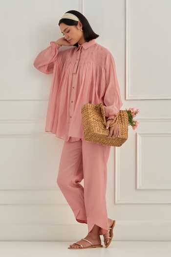 Buy_Cupid Cotton_Pink Organza, Chanderi Silk Zardozi, Nuve Smocked Shirt And Pant Co-ord Set _Online_at_Aza_Fashions