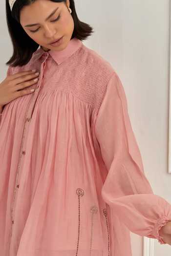 Cupid Cotton_Pink Organza, Chanderi Silk Zardozi, Nuve Smocked Shirt And Pant Co-ord Set _at_Aza_Fashions