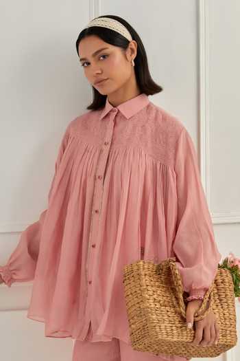 Buy_Cupid Cotton_Pink Organza, Chanderi Silk Zardozi, Nuve Smocked Shirt And Pant Co-ord Set 