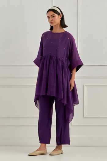 Cupid Cotton_Purple Chanderi Silk Embroidery, Sequins, Zari Round Neck Ezra Top And Pant Set _Online_at_Aza_Fashions