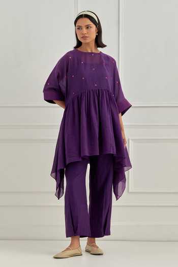 Buy_Cupid Cotton_Purple Chanderi Silk Embroidery, Sequins, Zari Round Neck Ezra Top And Pant Set _Online_at_Aza_Fashions