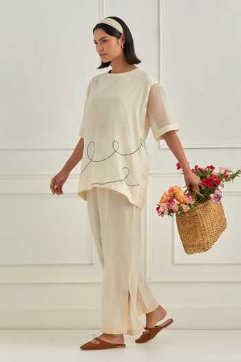 Cupid Cotton_Ivory Chanderi Silk, Muslin Embroidery, Sequins Skye Top And Pant Co-ord Set _Online_at_Aza_Fashions