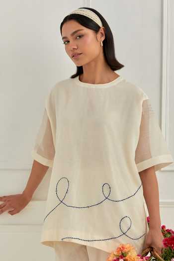 Buy_Cupid Cotton_Ivory Chanderi Silk, Muslin Embroidery, Sequins Skye Top And Pant Co-ord Set _Online_at_Aza_Fashions