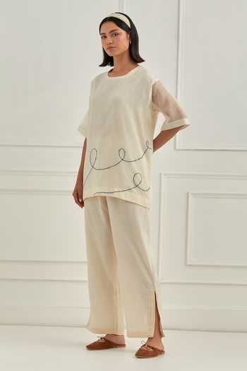 Shop_Cupid Cotton_Ivory Chanderi Silk, Muslin Embroidery, Sequins Skye Top And Pant Co-ord Set _Online_at_Aza_Fashions