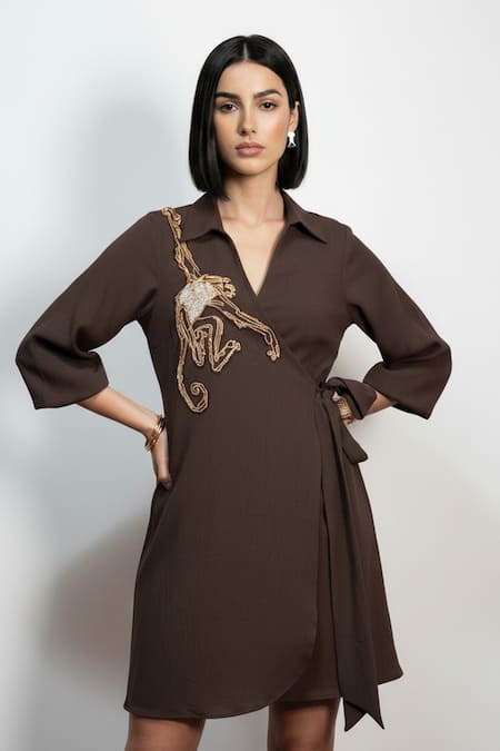 Nautanky Swinging Monkey Embroidered Short Wrap Dress 