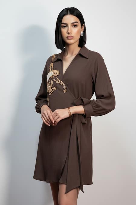 Nautanky Swinging Monkey Embroidered Short Wrap Dress 