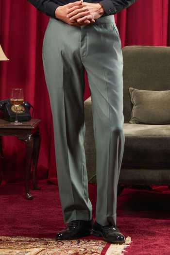 Philocaly_Teal Wool Martin Double Button Waistbelt Trouser _Online_at_Aza_Fashions