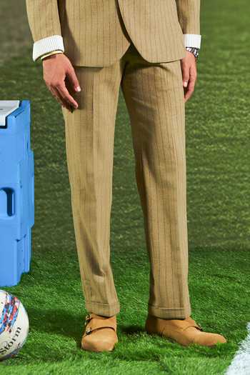 Philocaly_Olive Green Wool Kyles Turn-up Hem Striped Trouser _Online_at_Aza_Fashions