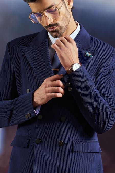 Philocaly_Blue Corduroy Riley Double Breasted Blazer _Online_at_Aza_Fashions